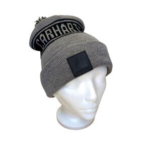 Carhartt Knit Pom-Pom Beanie Gray and Black Spell out